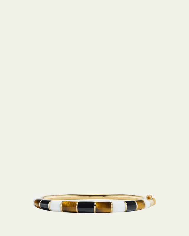 18K Yellow Gold Chunky Inlay Bangle Bracelet with Tigers Eye, Black and White Onyx